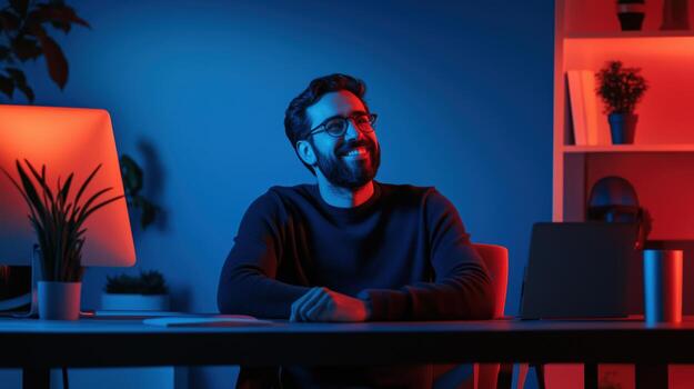 Creative individual working at a desk in a colorful room during the evening hours expressing joy and inspiration photo