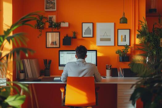 creativo espacio de trabajo con un hombre trabajando en un computadora rodeado por plantas en un vibrante naranja habitación foto