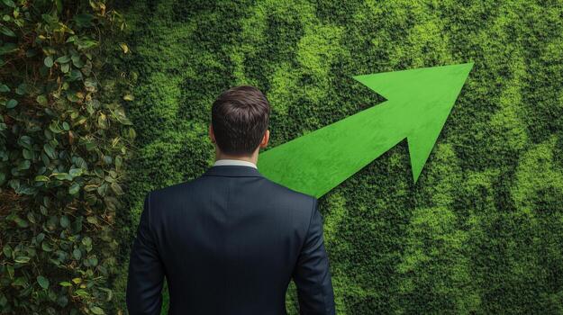 Professional man in a dark suit standing in front of a green wall with an upward pointing arrow symbolizing growth and success photo