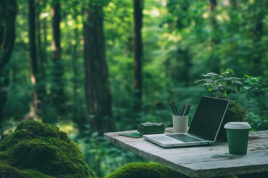 puesto de trabajo en el bosque con un ordenador portátil y café en un mesa rodeado por lozano verdor foto