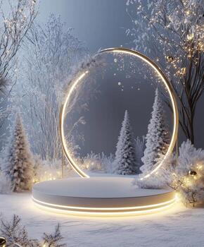 Winter wonderland with glowing circular arch and snowy trees creates a magical atmosphere for celebrations and events photo