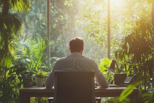 Man working at desk surrounded by lush greenery in a peaceful office during sunny morning hours photo