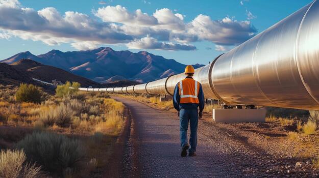 Worker inspects long pipeline in mountainous landscape during late afternoon with clouds in the sky photo