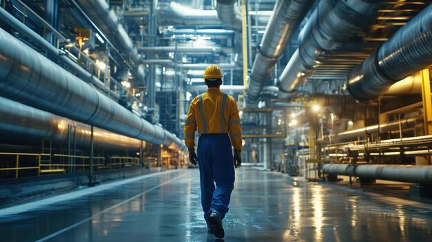 Worker navigates through industrial facility filled with pipes and machinery in evening light photo