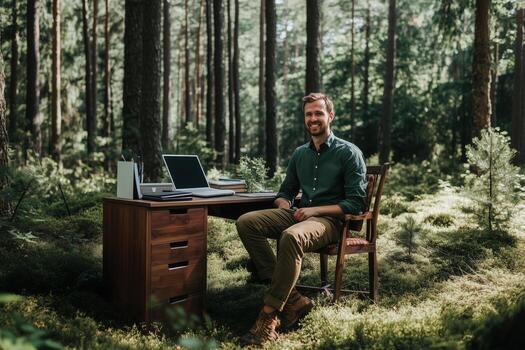 Man working at a desk in a forest surrounded by greenery during daytime photo