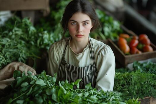 Young woman surrounded by fresh herbs in a rustic market setting during daylight hours photo
