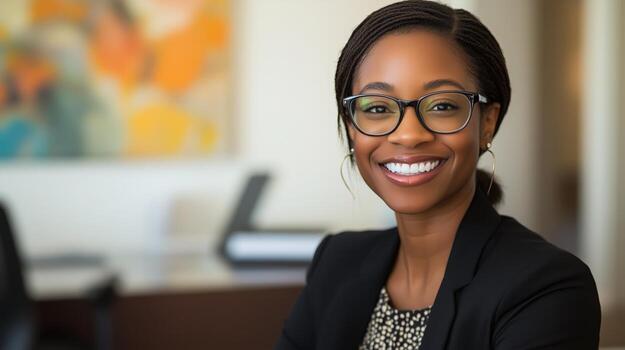 Smiling businesswoman in office setting showcasing confidence and professionalism during work hours photo