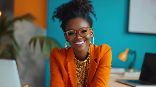 Professional woman smiling in vibrant office, showcasing confidence and creativity during work hours in an inspiring environment photo