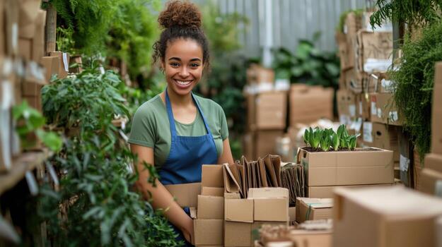 Young woman smiles while working in a plant nursery surrounded by packed boxes during daylight hours photo