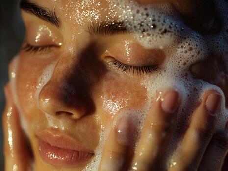 Refreshing facial cleansing ritual with soft bubbles at a serene spa setting in the evening photo