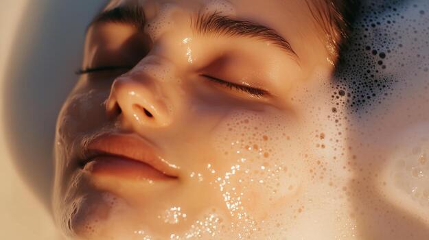 Close-up of a young woman relaxing in a bubble bath, embracing tranquility in a serene atmosphere photo