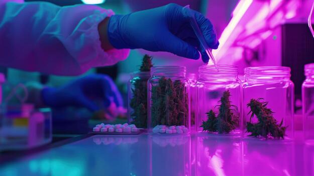 Scientist conducts research on cannabis samples in a high-tech lab under purple lighting photo