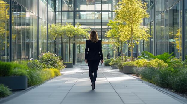 Business professional walking through modern urban courtyard surrounded by greenery and glass architecture photo