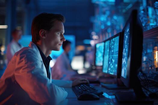 Scientists analyzing data in a high-tech laboratory during nighttime research photo