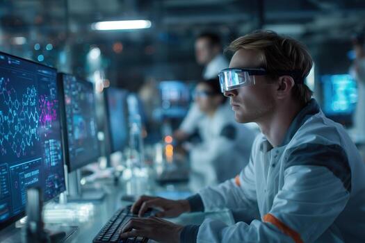 Scientist analyzes complex data using augmented reality technology in a modern research lab photo