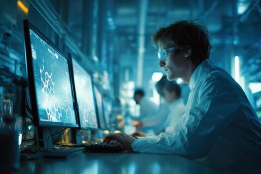 Scientists conduct research in a modern laboratory during a late-night experiment on molecular structures photo