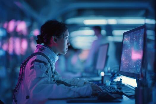 científico en traje espacial análisis datos en un alta tecnología laboratorio durante un futurista misión foto