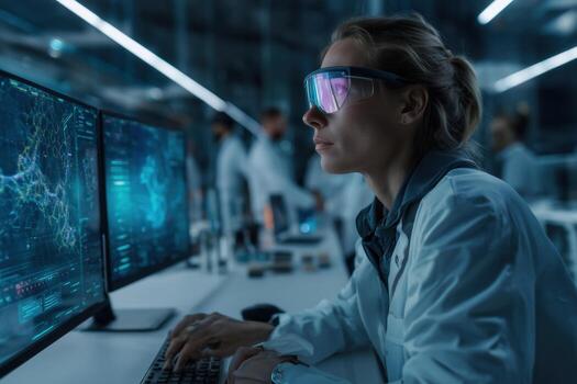 científico trabajando atentamente en un alta tecnología laboratorio durante un noche investigación sesión foto