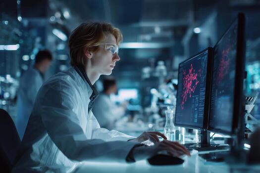 Researcher analyzes complex data on computer screens in a modern laboratory setting during evening hours photo