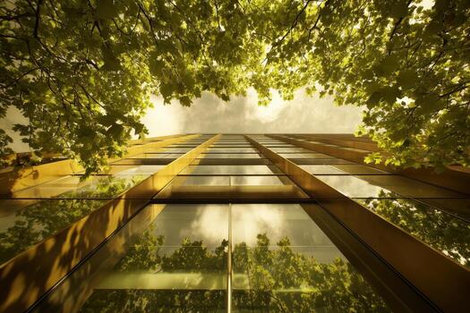 Modern building reflects clouds and trees from unique perspective in urban environment photo