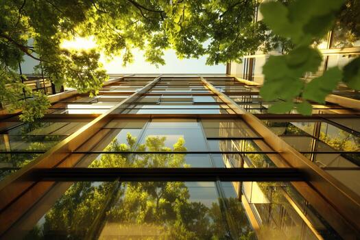 Modern building reflects greenery under bright sunlight in urban setting photo
