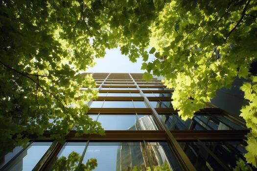 Bright sunlight filters through green leaves framing a modern glass building in an urban environment during the afternoon photo