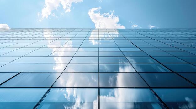 Reflections of clouds and blue sky on a modern glass skyscraper from ground level photo