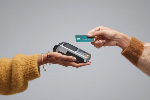 Payment transaction at a retail store with a credit card being offered to a card reader device photo