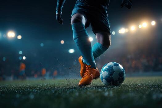 Exciting soccer match under floodlights with players and a ball on the field during a competitive game photo