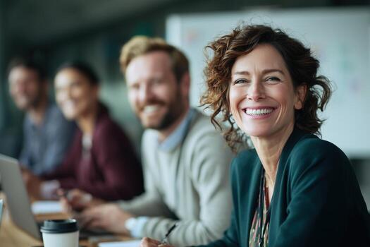 Team members collaborate and share ideas during a brainstorming session in a modern office setting photo