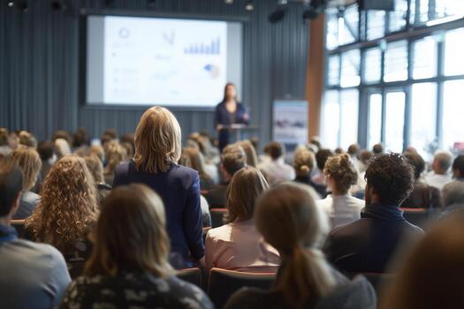 Engaging presentation at a corporate conference with attentive audience members in a modern venue photo