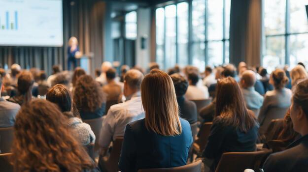 Large audience engages in a presentation at a modern conference venue in a bustling city during daytime hours photo