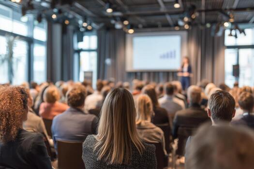 Business presentation in a conference room with an engaged audience during a midday event photo