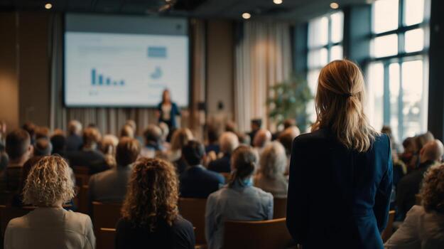 Audience engages in a presentation during a business conference in a modern venue photo