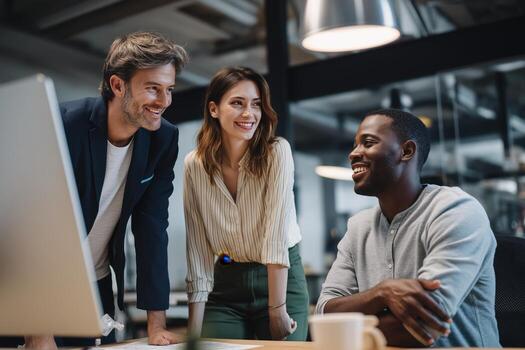Team members collaborate and share ideas in a modern office setting during the afternoon photo