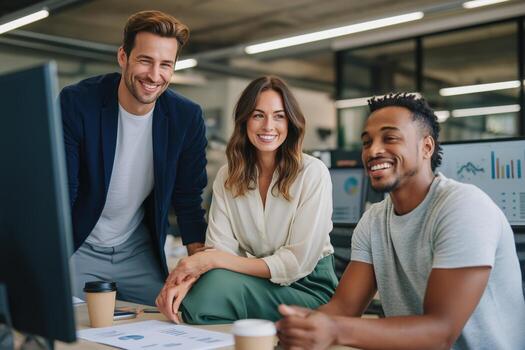 Team members collaborate in a modern office discussing data and sharing ideas during a productive work session photo