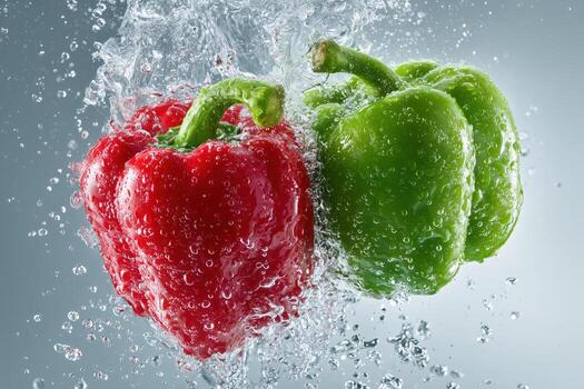 Red and green bell peppers splash into water creating dynamic movement and vibrant colors photo