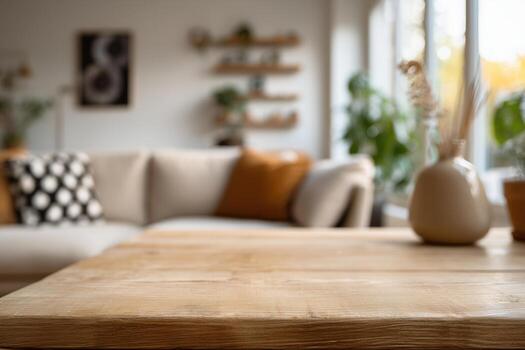 Cozy living room with wooden table and soft seating surrounded by greenery in warm afternoon light photo