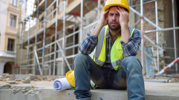 construcción trabajador sentado en el suelo mirando estresado mientras revisando planes a un ocupado edificio sitio en el tarde foto
