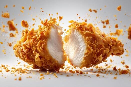 Crispy fried chicken piece split in half, showcasing its tender meat and golden crust in a clean, simple background photo