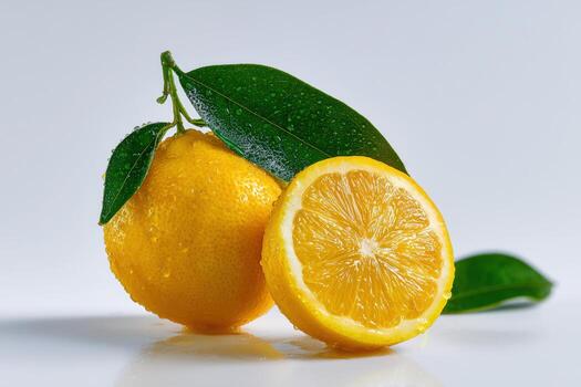 Freshly picked lemons with water droplets on a plain background showcasing vibrant color and texture photo