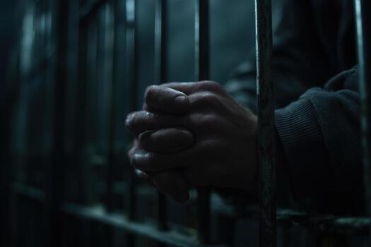 Hands gripping prison bars in a dark cell during a quiet moment of reflection photo