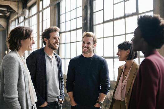 Group of friends enjoying a casual conversation in a bright, industrial space with large windows during the day photo