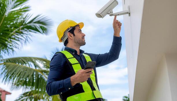 Technician Installing CCTV Camera on Building Exterior photo