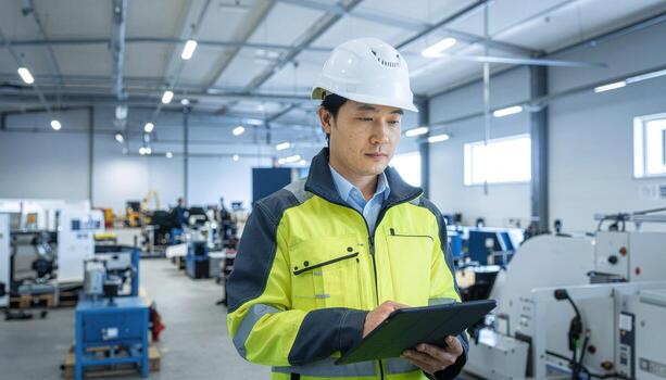 Factory worker using a tablet computer photo