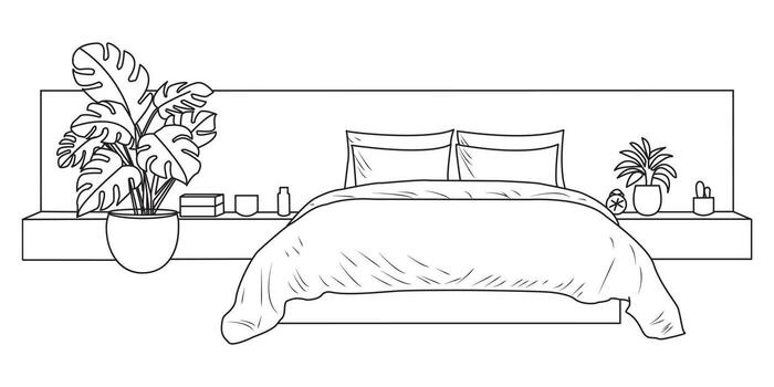 Continuous line drawing of bed and table with vase and plant. Scandinavian stylish furniture for cozy loft bedroom in simple linear style. Editable stroke. vector
