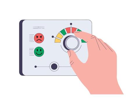 Customer Satisfaction Level Adjustment Hand Rotating Knob to Increase Happiness Measuring Feedback Illustration of User Experience Ratings and Emotional Response vector