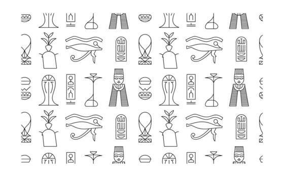 Ancient Egypt Seamless Pattern Black Outline Hieroglyphics with Eye of Horus, Cartouche, Pharaoh, Lotus, Isis knot on White Background for Textile and Paper Design vector