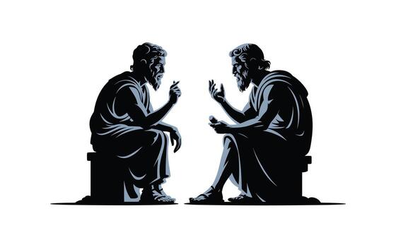 Greek Philosophers Discussing Ideas, Silhouette Illustration Depicting Dialogue, Philosophy, Intellectual Discussion, and Classical Thought with Visuals of Wisdom Debate and Historical Significance vector