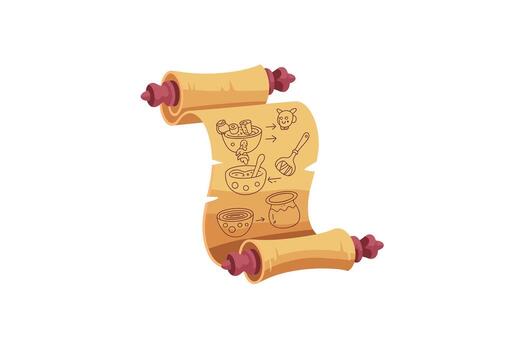 Ancient Recipe Scroll Cartoon Illustration of Culinary Steps on Parchment, Featuring Mixing Bowls, Utensils, and a Transformation into a Cute Monster vector